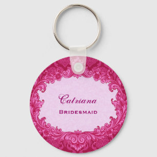 Bridesmaid Wedding Favor Pink Damask G302 Sleutelhanger