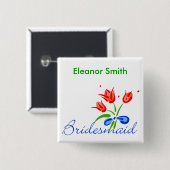 Bridesmaïde met rode tulpen vierkante button 5,1 cm (Voorkant /achterkant)