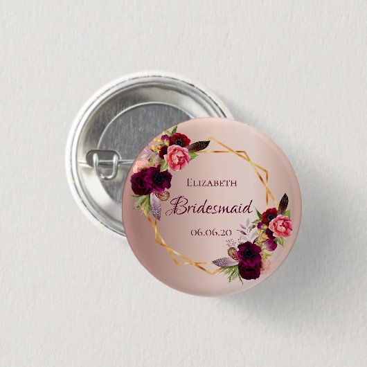 Bridesmaïde roos goudfloralen bruin ronde button 3,2 cm (Voorkant /achterkant)