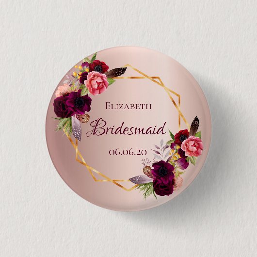 Bridesmaïde roos goudfloralen bruin ronde button 3,2 cm (Voorkant)