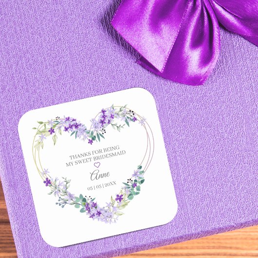 Bridesmaïde Waterverf Floral Heart in Paars  Vierkante Sticker