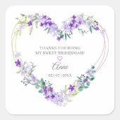 Bridesmaïde Waterverf Floral Heart in Paars  Vierkante Sticker (Voorkant)