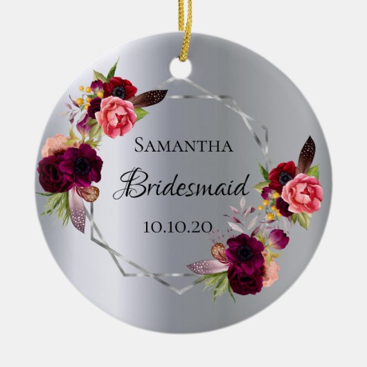 Bridesmaïde zilverbloemalen bruidegant keramisch ornament (Voorkant)