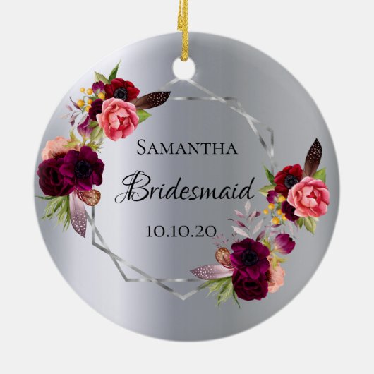 Bridesmaïde zilverbloemalen bruidegant keramisch ornament (Achterkant)