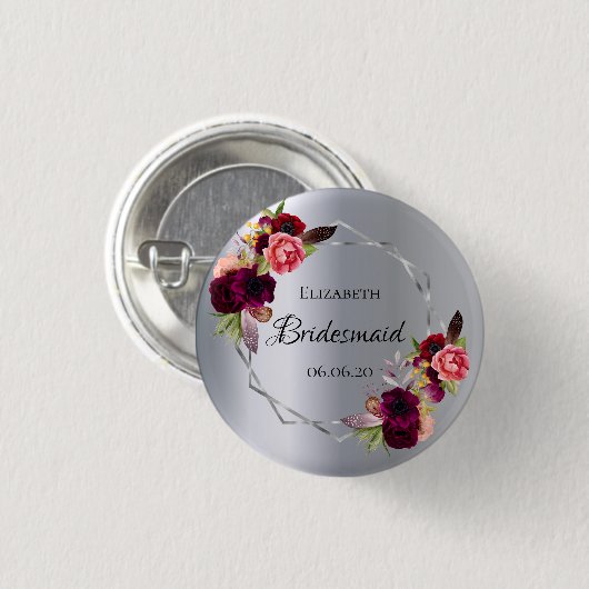 Bridesmaïde zilverbloemigen Bourgogne Ronde Button 3,2 Cm (Voorkant /achterkant)