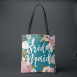 Bridesmaids Floral Wedding Party Tote Bag<br><div class="desc">Aangepaste kleur achtergrond en all over afdrukken met geschilderde bloemranden. Bruidsmeisje in penseelscript aan de ene kant en naam op de achterkant. Aanpassen om de achtergrondkleur te wijzigen (turquoise). Zwart ziet er ook geweldig uit. De prachtig geschilderde bloemstukken zijn van Creëer the Cut. Vind ze op Creative Market https://crmrkt.com/7WdAX, Etsy...</div>