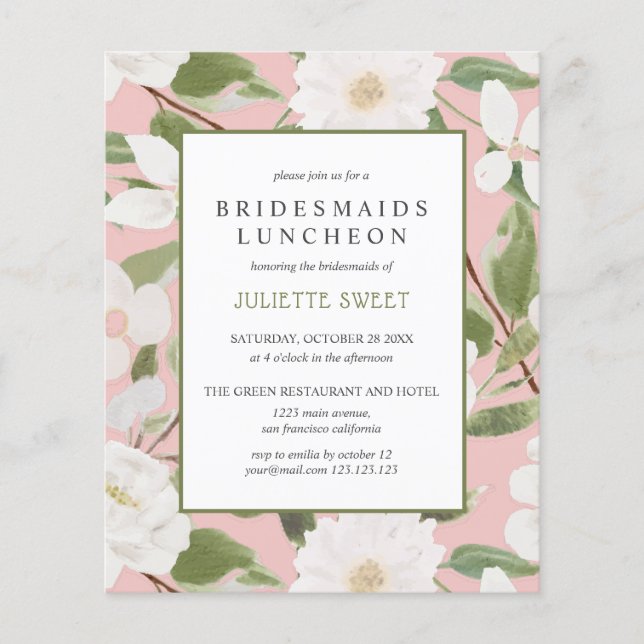Bridesmaids Luncheon | Witte bloemen bladeren roze (Voorkant)
