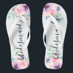 Bridesmaids Typografie Colorful Flowers Bouquet Teenslippers<br><div class="desc">Elegante moderne bruidachtigen typografie met kleurrijke waterverven bloemen bouquet.</div>