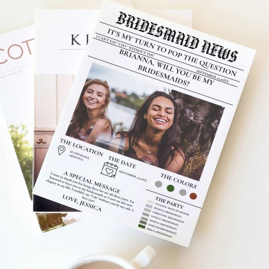 Bridesmais voorstel krant + bruidsmeisje info kaar kaart