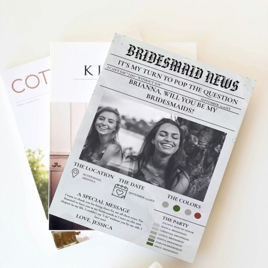 Bridesmais voorstel krant + bruidsmeisje info kaar kaart