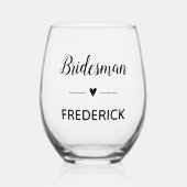 Bridesman zwart script met naam bruiloft wijnglas zonder voet (Voorkant)