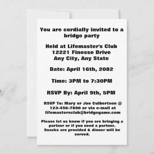 Bridge Game Event nodigt Sjabloon vier kaartuitgan Kaart (Achterkant)