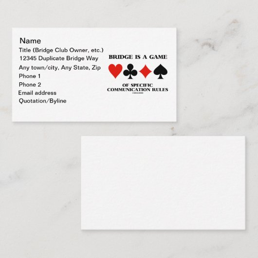 Bridge is een spel van specifieke communicatierege visitekaartje (Voorkant / Achterkant)