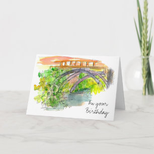 Bridge Landscape Waterverf Happy Birthday Kaart