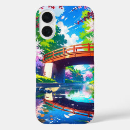 Bridge Over Blossoms – Levendige Anime Spring iPhone 16 Hoesje