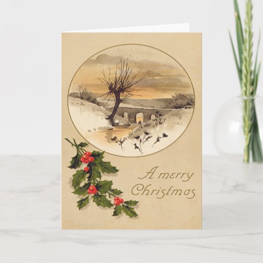 Bridge Sneeuw winterse scène Holly Feestdagen Kaart (Voorkant)
