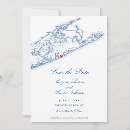 Bridgehampton NY Kaart Navy Blue Wedding (Voorkant)