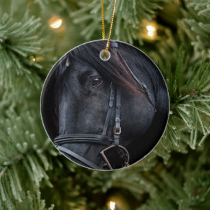 Bridled Black Stallion Face Keramisch Ornament