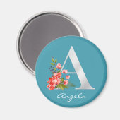 Brief A | Naam | Floral White Metallic Monogram Magneet (Voorkant / Achterkant)