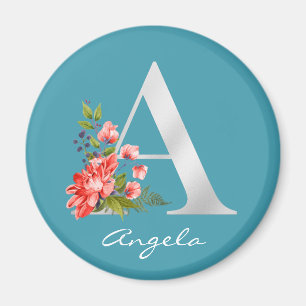 Brief A Naam Floral White Metallic Monogram Magneet