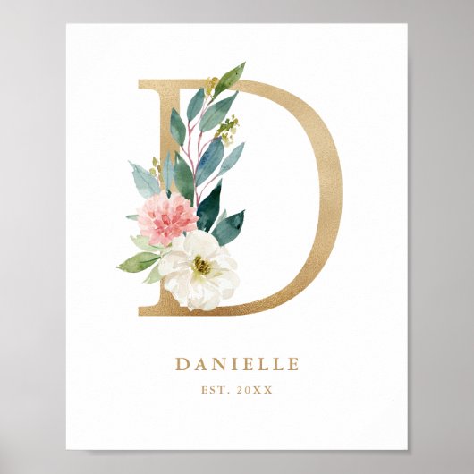 Brief D Blush Floral Monogram Gold Foil Nursery Poster (Voorkant)