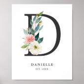 Brief D Monogram Waterverf Perzik Florals Nursery Poster (Voorkant)