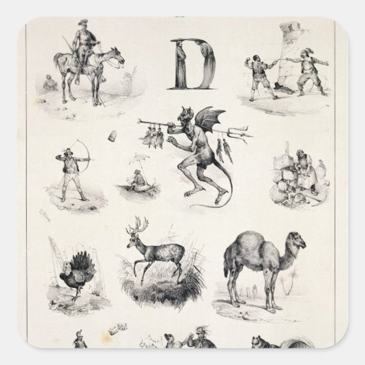 Brief D van een alfabet primer, 1832 Vierkante Sticker (Voorkant)