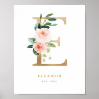 Brief E Blush Floral Monogram Gold Foil Nursery