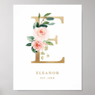 Brief E Blush Floral Monogram Gold Foil Nursery Poster