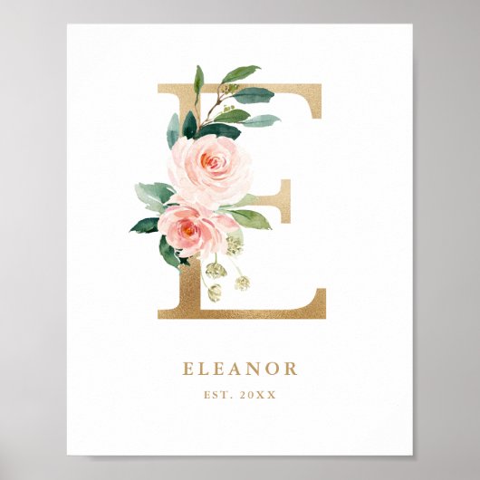 Brief E Blush Floral Monogram Gold Foil Nursery Poster (Voorkant)