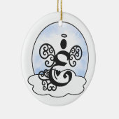 Brief E Monogram met engel en wolken. Keramisch Ornament (Rechts)