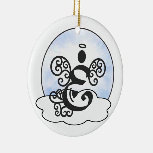 Brief E Monogram met engel en wolken. Keramisch Ornament (Rechts)