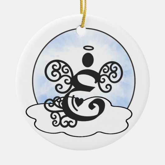 Brief E Monogram met engel en wolken. Keramisch Ornament (Voorkant)