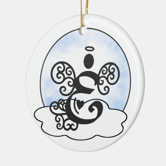 Brief E Monogram met engel en wolken. Keramisch Ornament (Links)