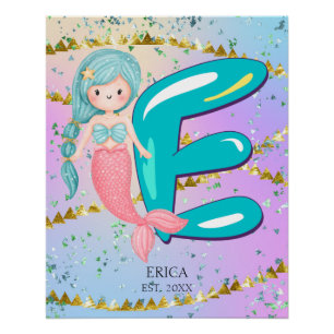 Brief E Monogram Waterverf Cute Mermaid Nursery Perfect Poster