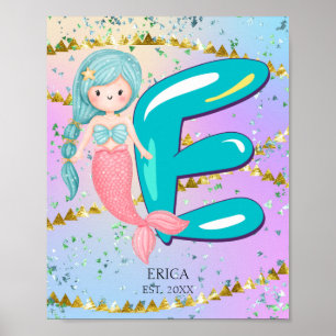 Brief E Monogram Waterverf Cute Mermaid Nursery Poster