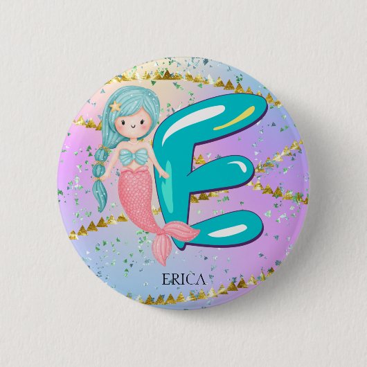 Brief E Monogram Waterverf Cute Mermaid Nursery Ronde Button 5,7 Cm (Voorkant)