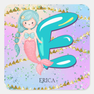 Brief E Monogram Waterverf Cute Mermaid Nursery Vierkante Sticker