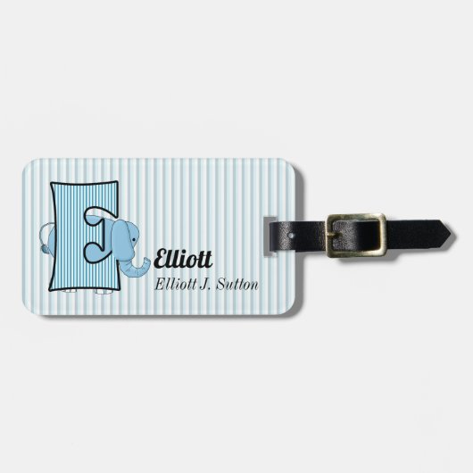 Brief E voor olifant in blauw voor jongens Bagagelabel (Voorkant horizontaal)