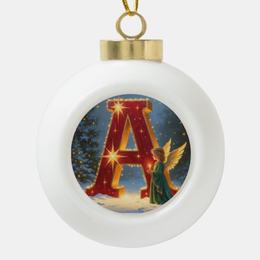 Brief Een Kerstengel Gepersonaliseerde Initiaal Keramische Bal Ornament (Voorkant)