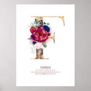 Brief F Monogram Floral Navy Blue en Burgundy Poster