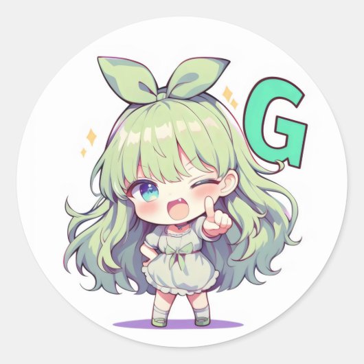 Brief G Chibi Anime Girl Ronde Sticker (Voorkant)