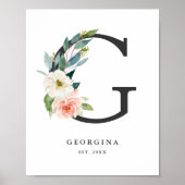 Brief G Monogram Waterverf Perzik Florals Nursery Poster (Voorkant)