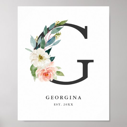 Brief G Monogram Waterverf Perzik Florals Nursery Poster (Voorkant)