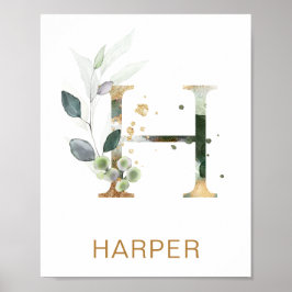 Brief H Monogram Groen goudbladerblad Nursery Poster