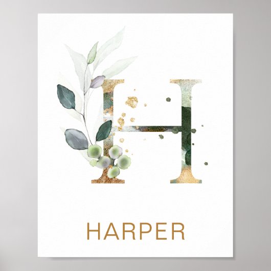 Brief H Monogram Groen goudbladerblad Nursery Poster (Voorkant)