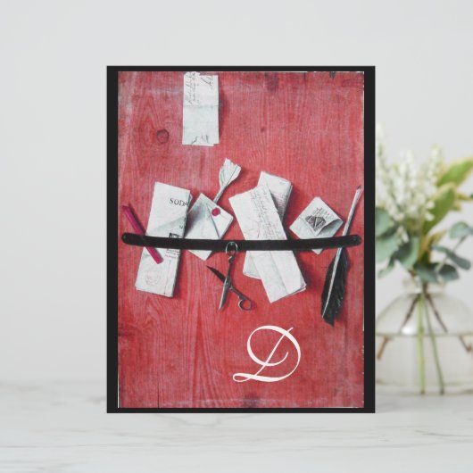 BRIEF HOLDER IN HOUT MONOGRAM rood zwart (Staand voorkant)