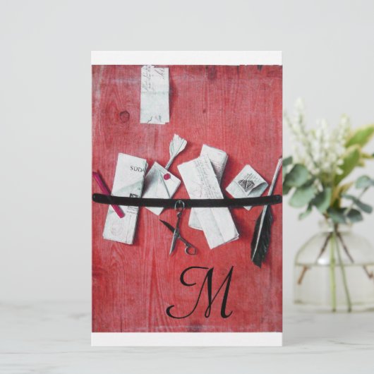 BRIEF HOLDER IN HOUT MONOGRAM rood zwart wit Briefpapier (Staand voorkant)