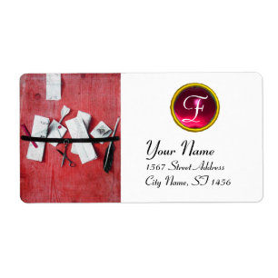 BRIEF-HOUDER IN WOOD MONOGRAM, rood, wit Etiket