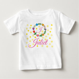 Brief J, Juliet, T-shirt, bloemen en sterren